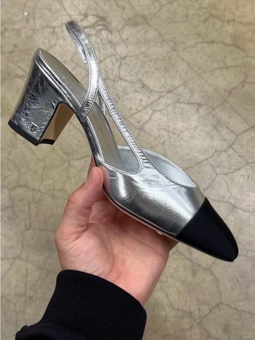 CHANEL Silver Metallic Leather Slingback Heels with Black Cap Toe